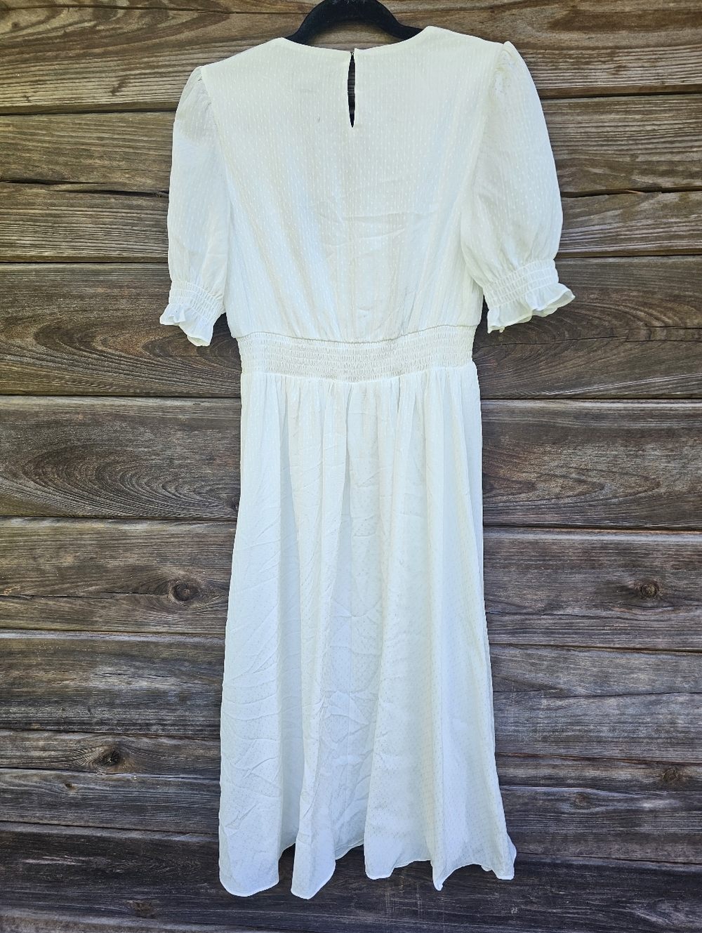 DKNY Ivory Swiss Dot Midi Dress NWT Size 8 Puff Sleeve V-Neck - Picture 2 of 8